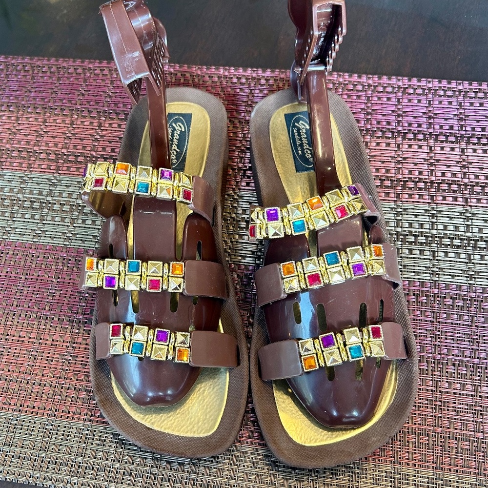 Grandco Brown Sandals with Multiple-Coloured Gems Size 9